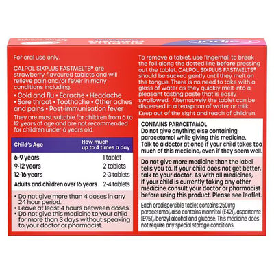 Calpol 6+ Ans Fastmelts Sans Colorant & Sans Sucre 12 pièces