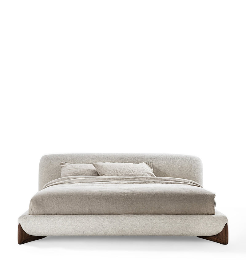 Solid Wood Bed Frame with Brass Inserts and Upholstered Headboard, Approx. 130x214x300cm