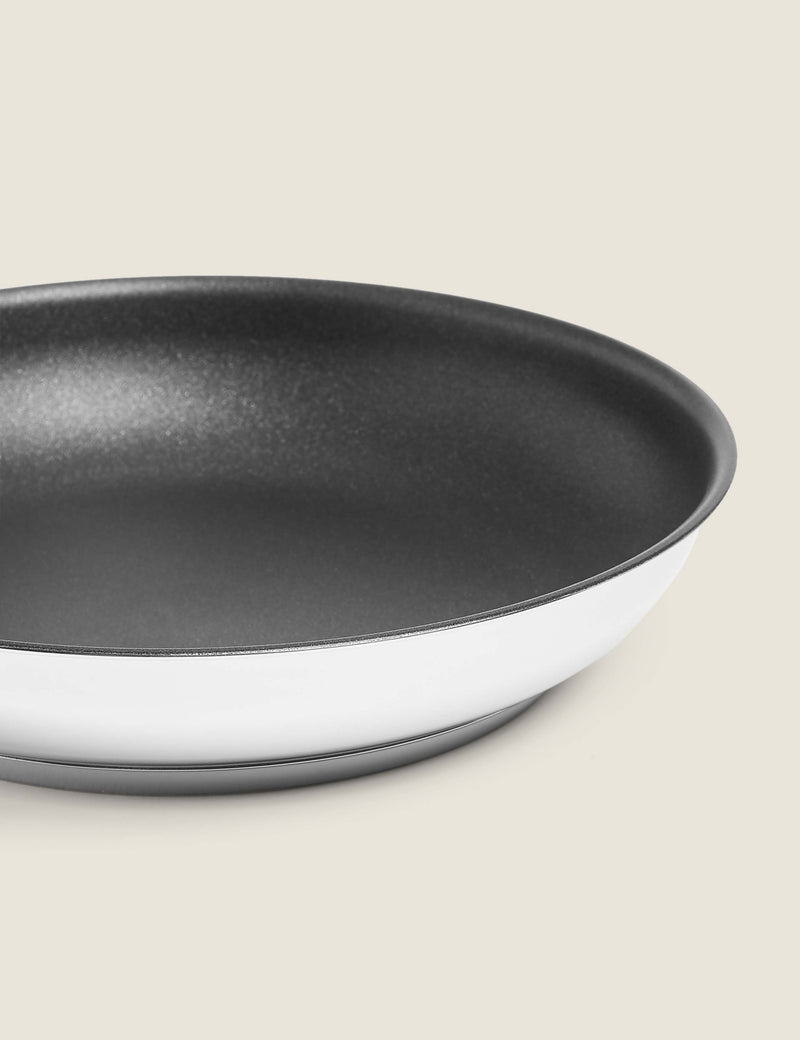 Stainless steel frying pan set with 20cm and 24cm pans, imported from the UK