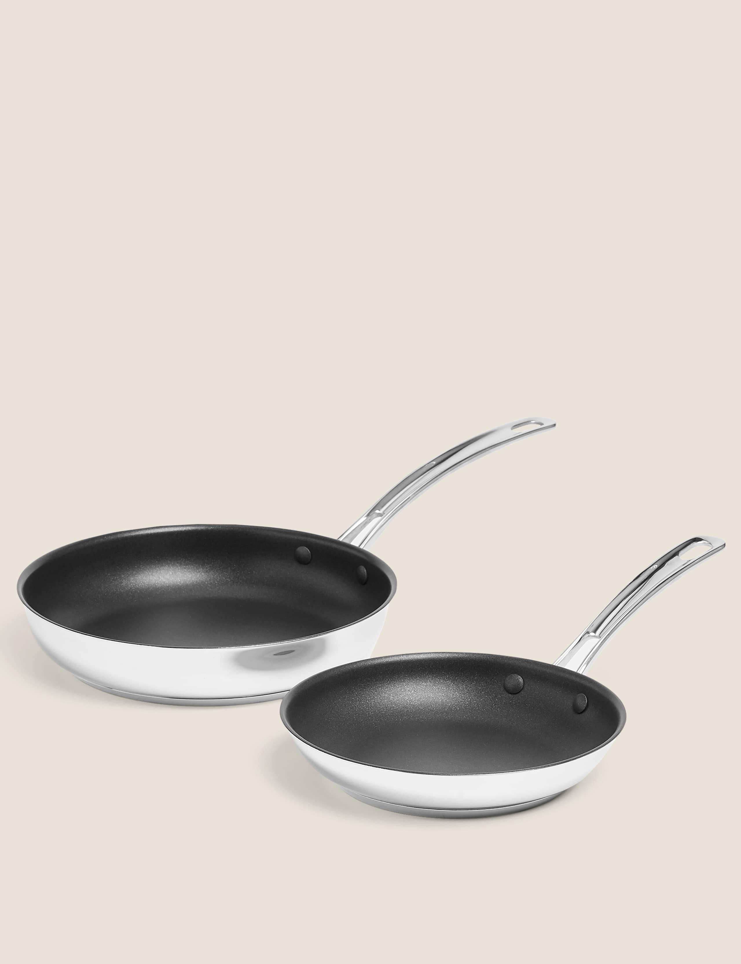Stainless steel frying pan set with 20cm and 24cm pans, imported from the UK