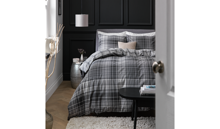 Argos Home grey brushed cotton check bedding set double - British product