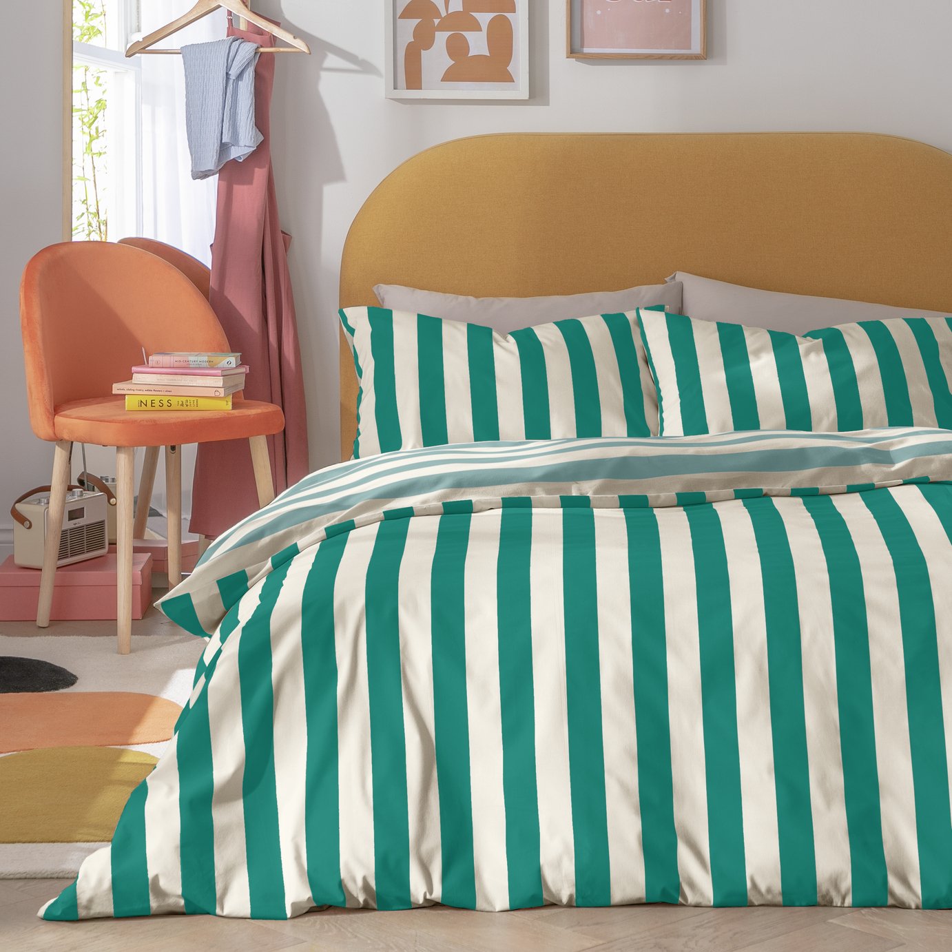 Habitat Stripe Green and White Bedding Set - King size