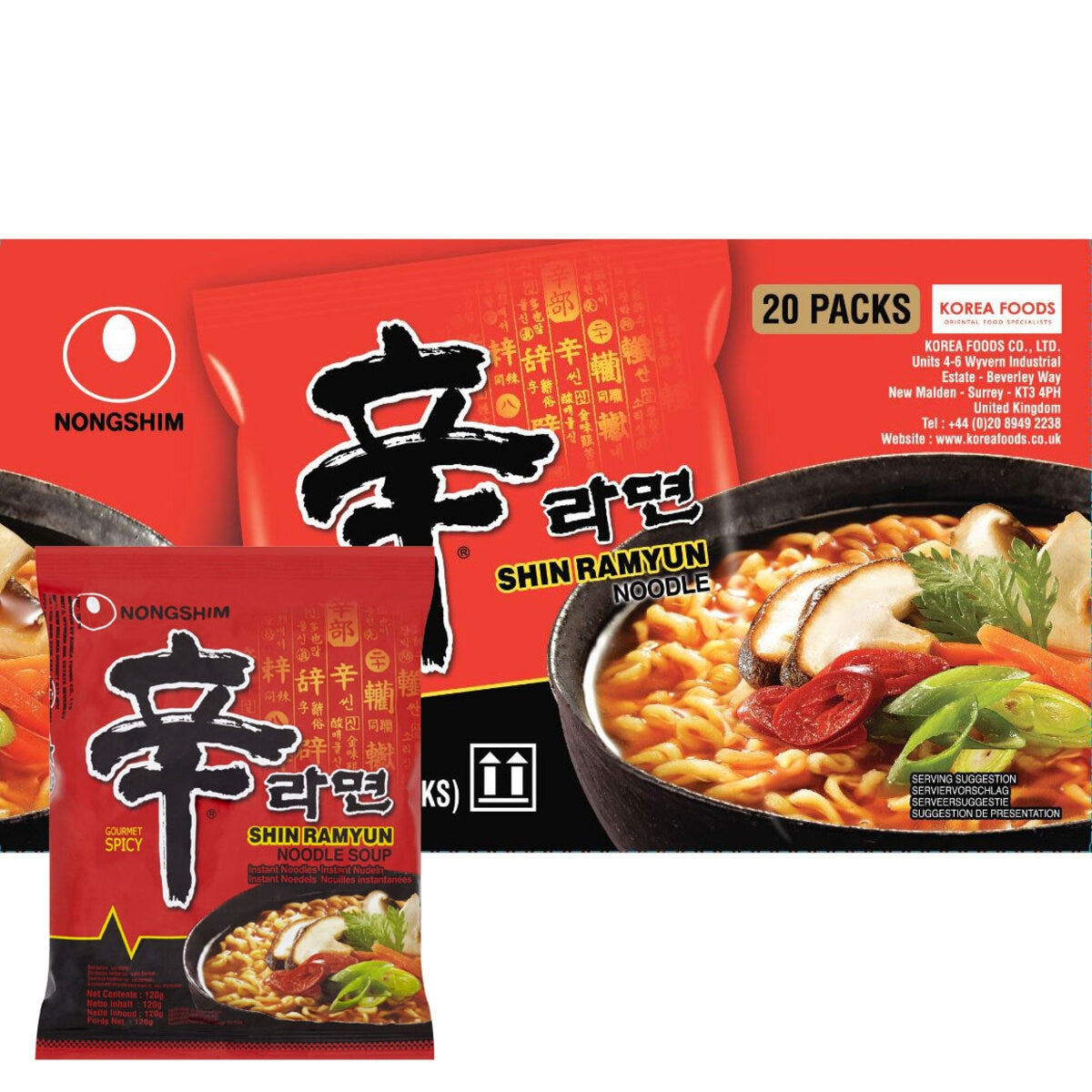 Nongshim Spicy Shin Ramyun noodles 20 x 120g, imported from the UK