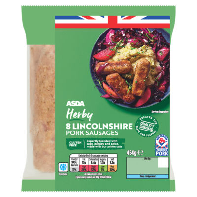 ASDA Herby Lincolnshire Pork Sausages 454g - British product