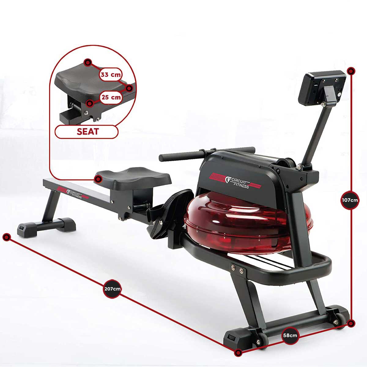 Circuit Fitness water rowing machine in black and red, 35kg - British product
