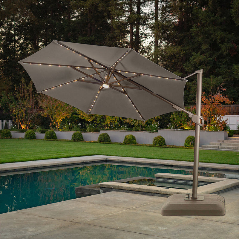 Solar LED Round Cantilever Garden Umbrella with Base 3.3m Grey