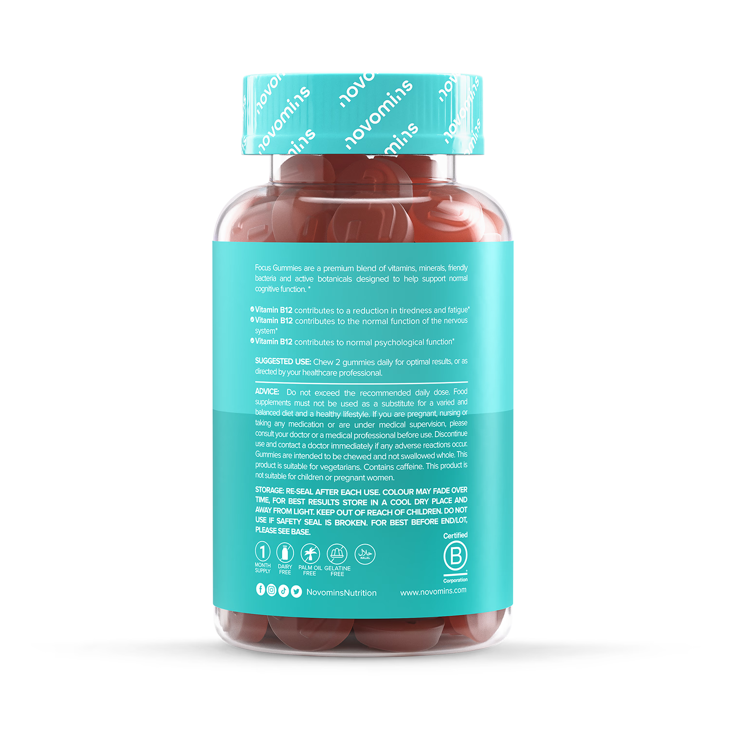 Novomins Focus strawberry gummies 60 count, imported from the UK