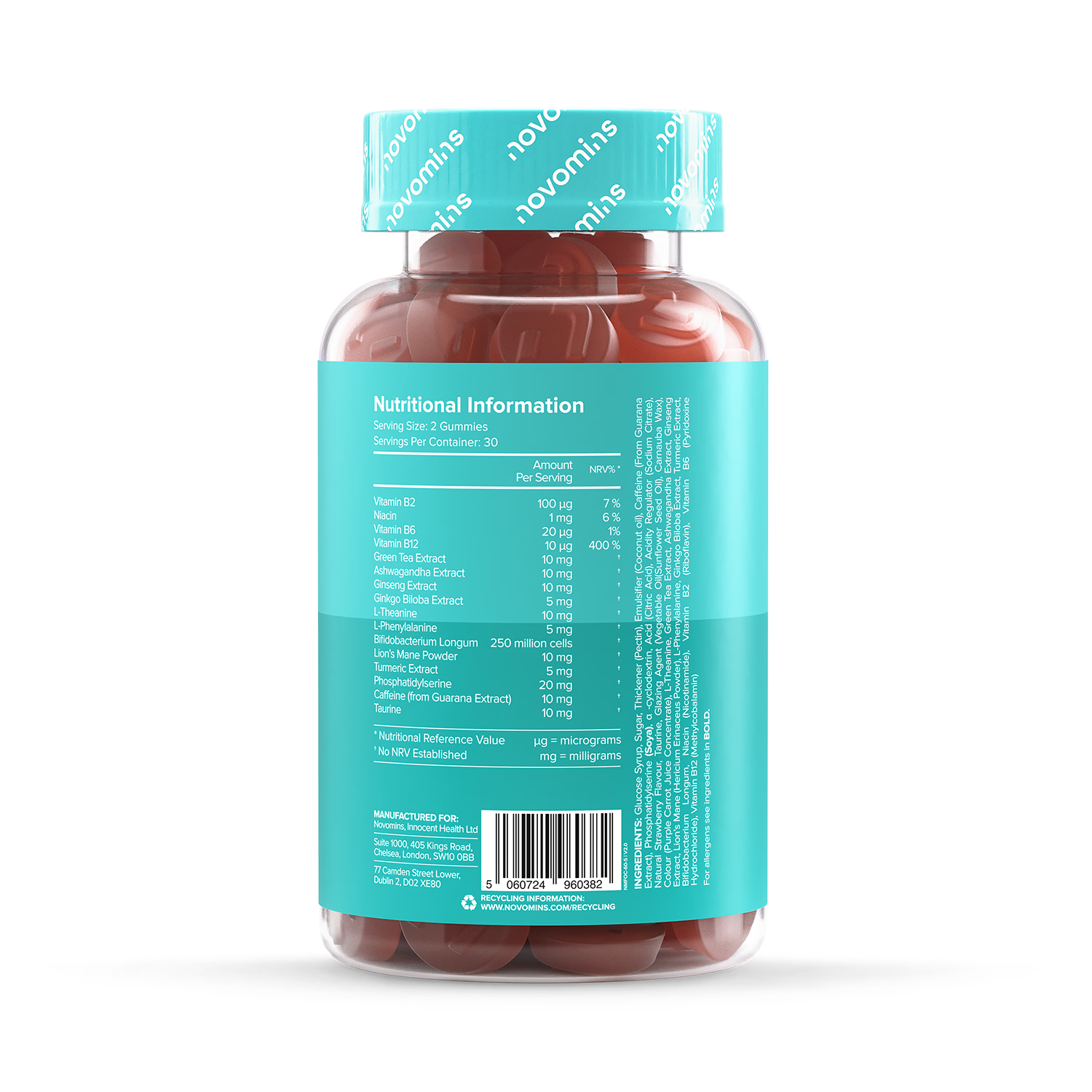 Novomins Focus strawberry gummies 60 count, imported from the UK