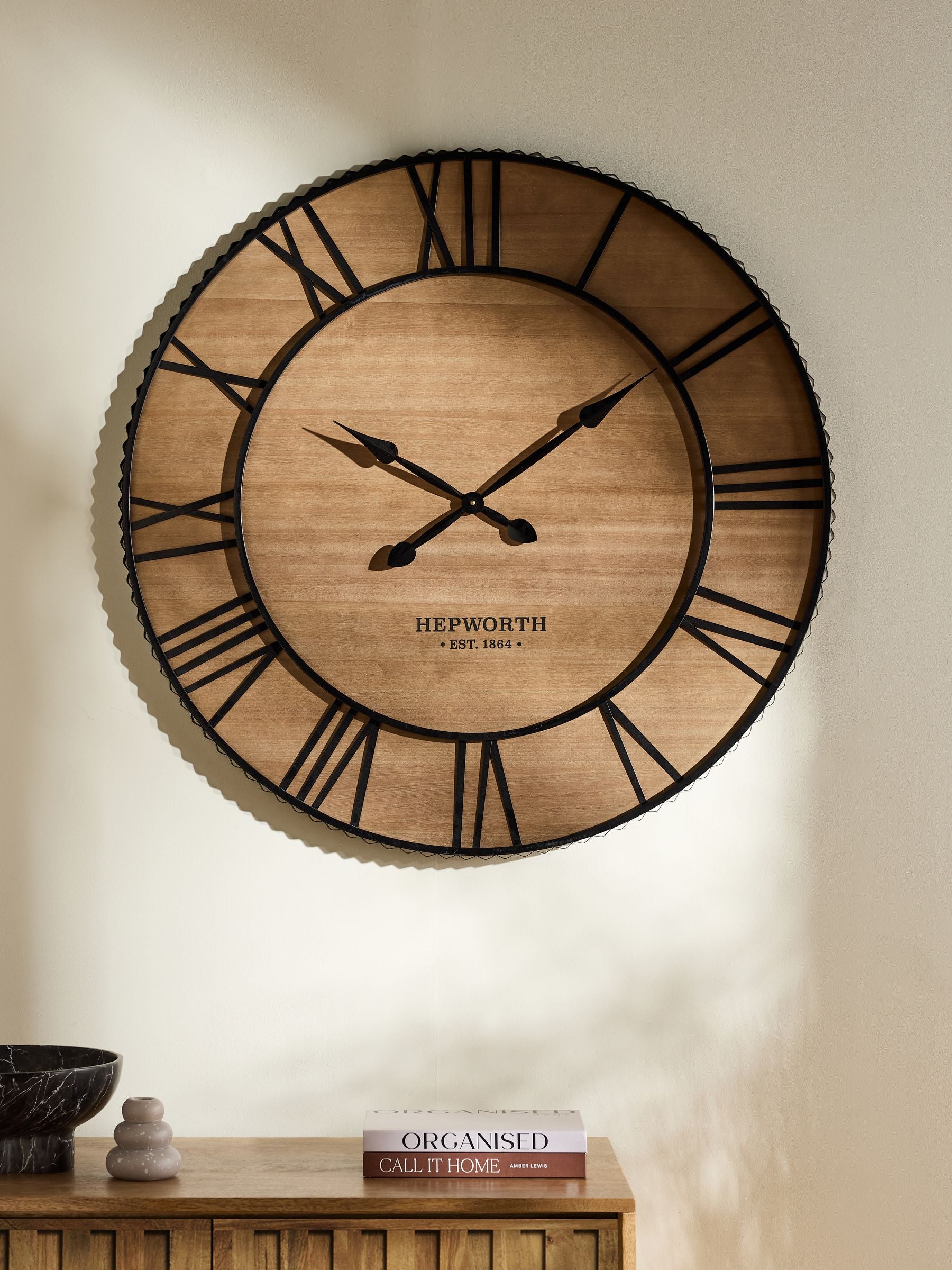 Wooden wall clock in natural black with 90cm diameter, imported from the UK