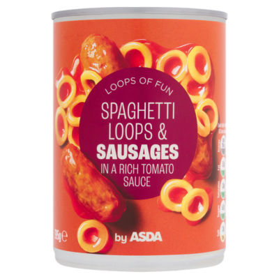 ASDA spaghetti loops and sausages in tomato sauce 395g - British product