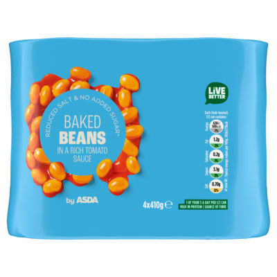 ASDA Baked Beans Uten tilsatt sukker Rik Tomatsaus 4 x 410g