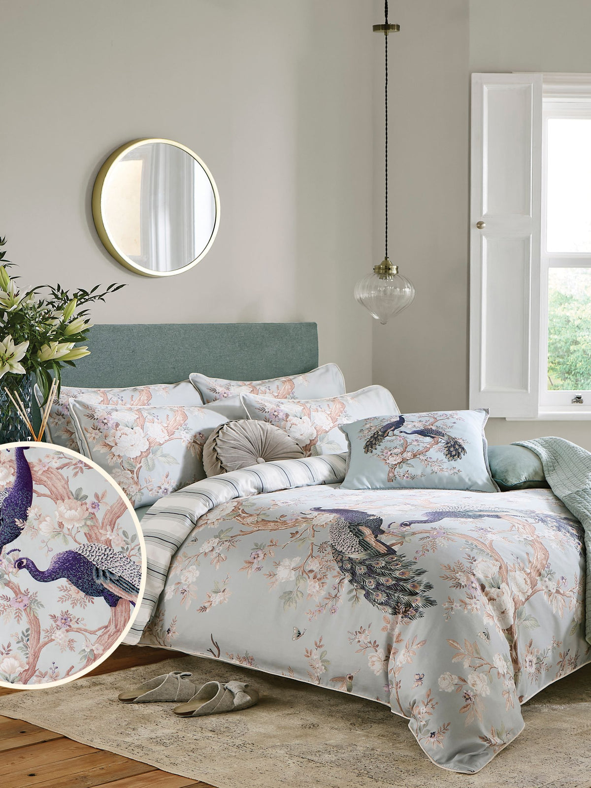 Laura Ashley Blue Duck Egg Belvedere 100% Cotton Sateen 220 Thread Count Reversible Duvet Cover and Pillowcase Set