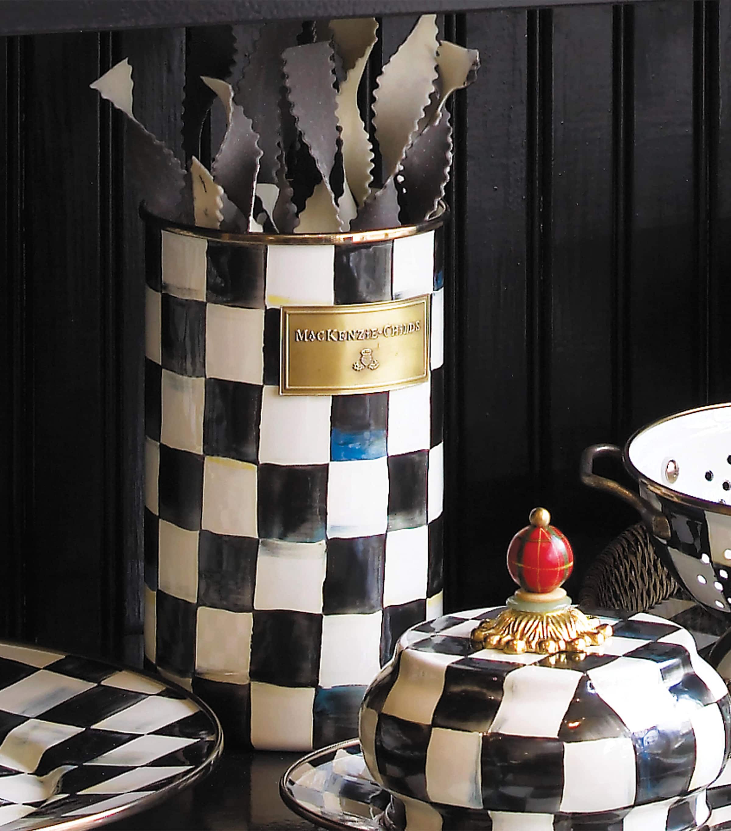 MacKenzie-Childs Courtly Check enamel utensil holder, imported from the UK
