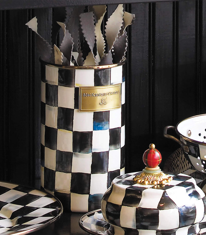 MacKenzie-Childs Courtly Check enamel utensil holder, imported from the UK