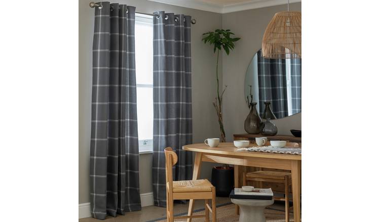 Habitat grey square check eyelet curtains 117cm by 183cm, UK version