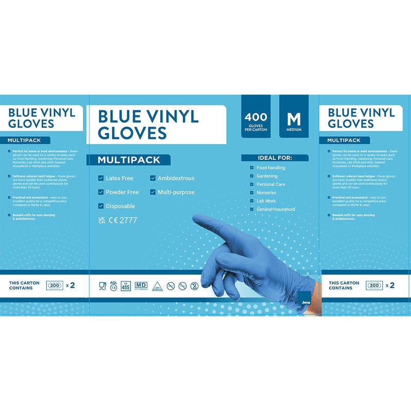Jena blue vinyl gloves 2 options 400 pack, UK version