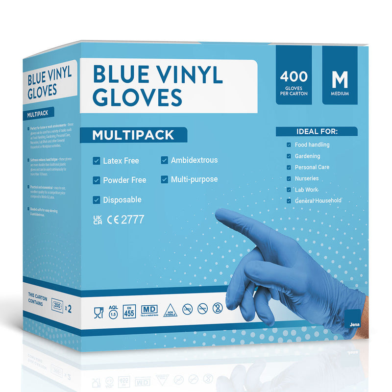 Jena blue vinyl gloves 2 options 400 pack, UK version