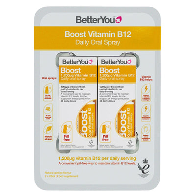 BetterYou Vitamin B12 Oral Spray Natural Apricot Flavour Vitamin Supplement 2 x 25ml