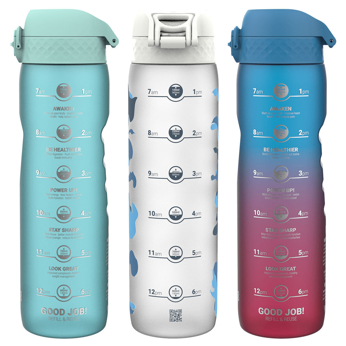 Ion8 Recyclon Motivator 1L water bottle 3 pack with assorted colours, UK version