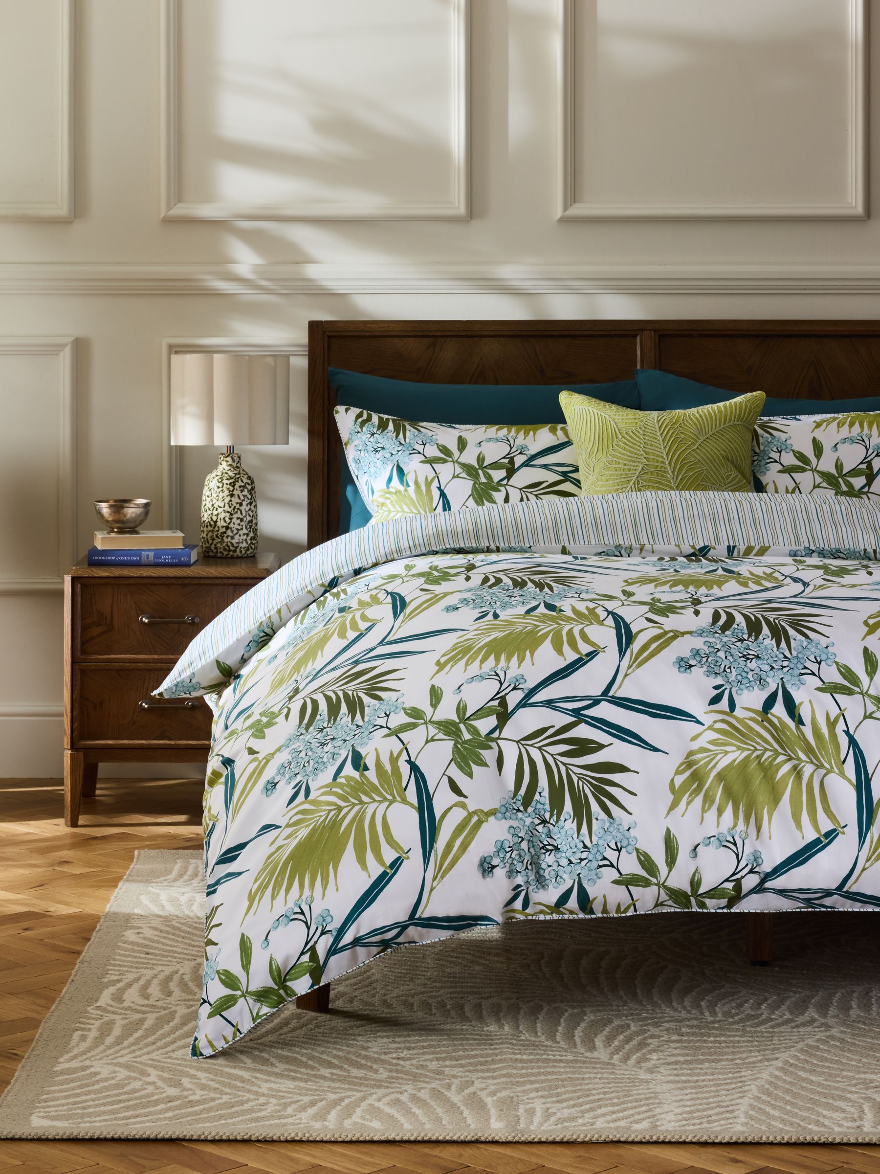 Nina Campbell Green Nassau duvet cover and pillowcase set, imported from the UK