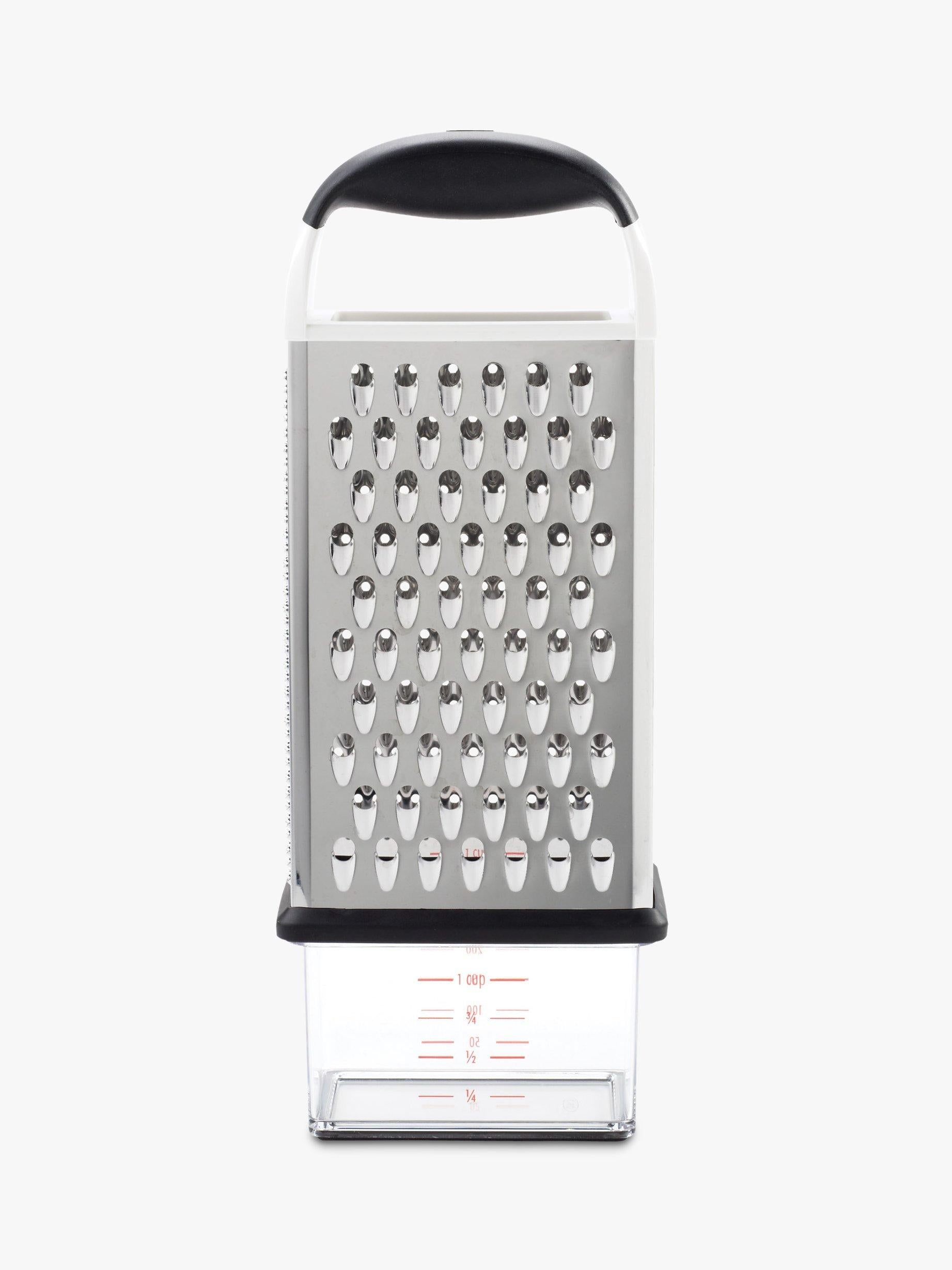OXO box grater with four stainless steel surfaces and container, imported from the UK