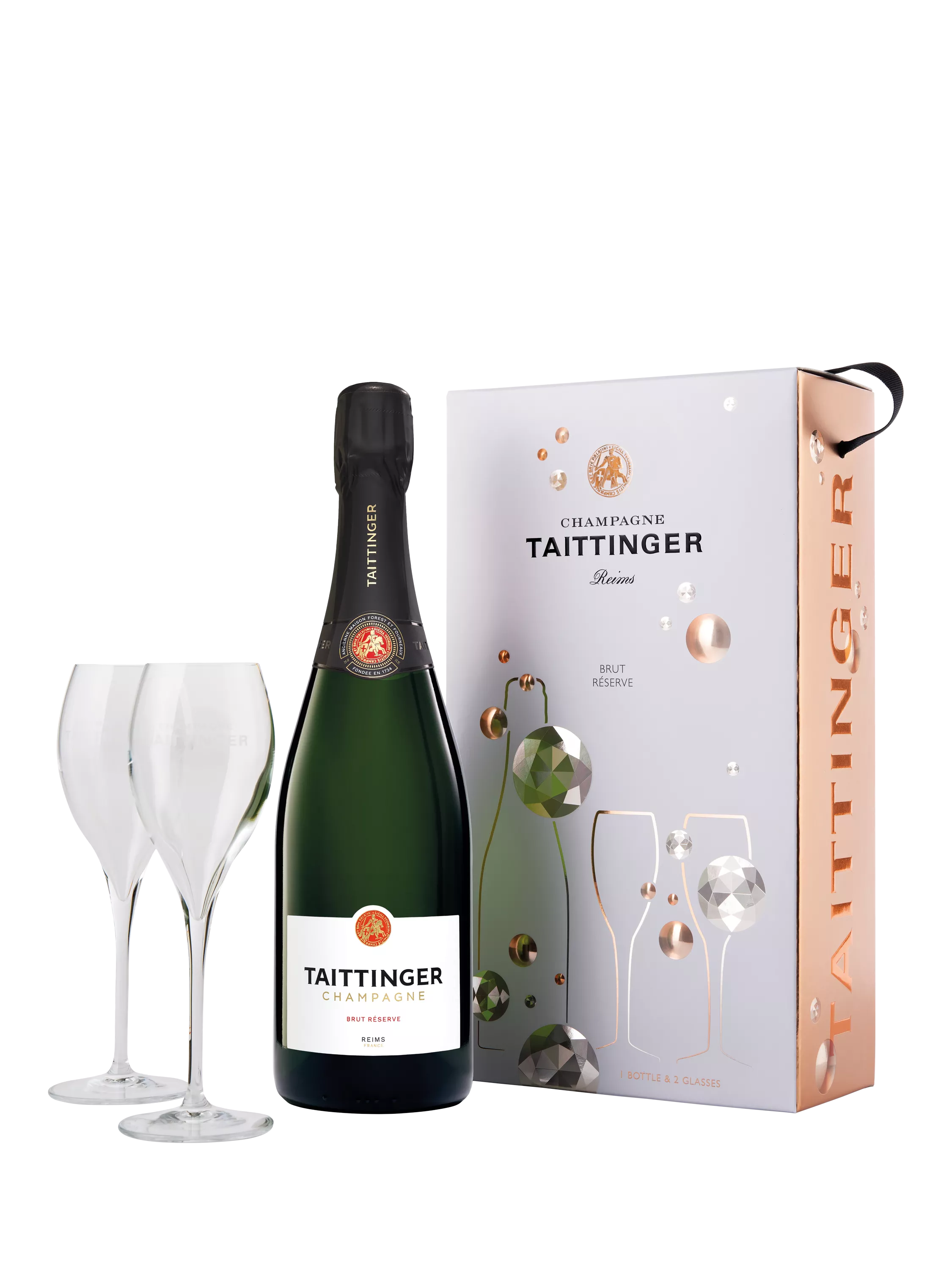 Taittinger Brut NV champagne and glasses gift set, 75cl (British brand)