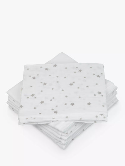 John Lewis Baby Muslin Squares Grey Star Pack of 6
