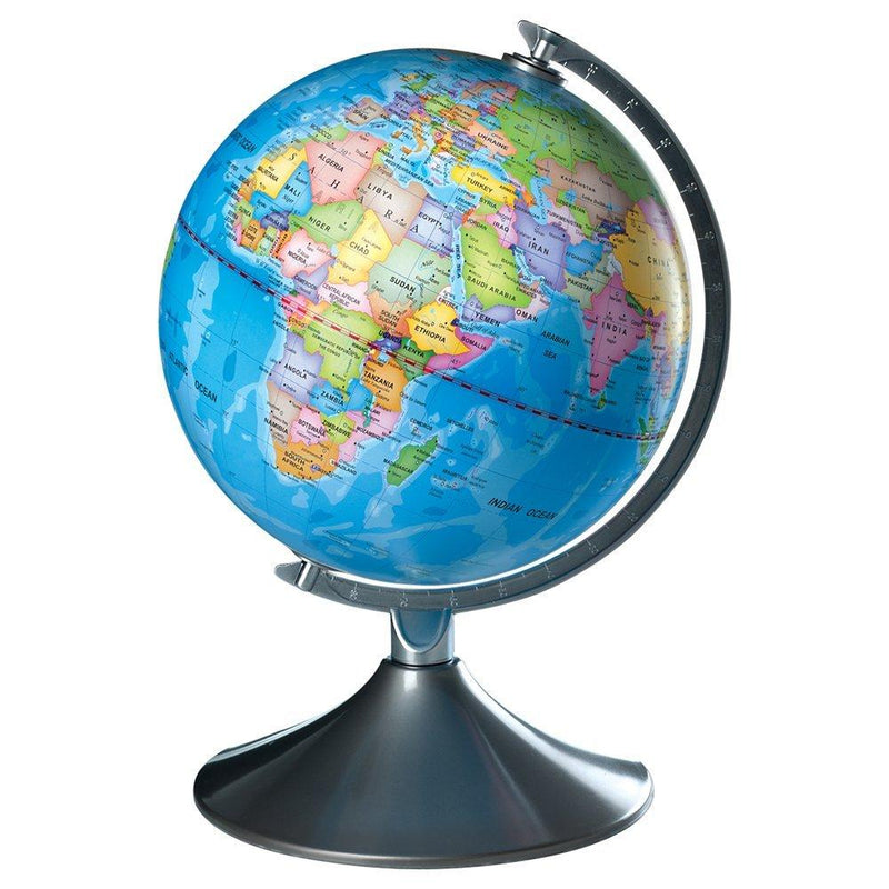 Illuminated Earth and constellations globe showing world map and stars - British product