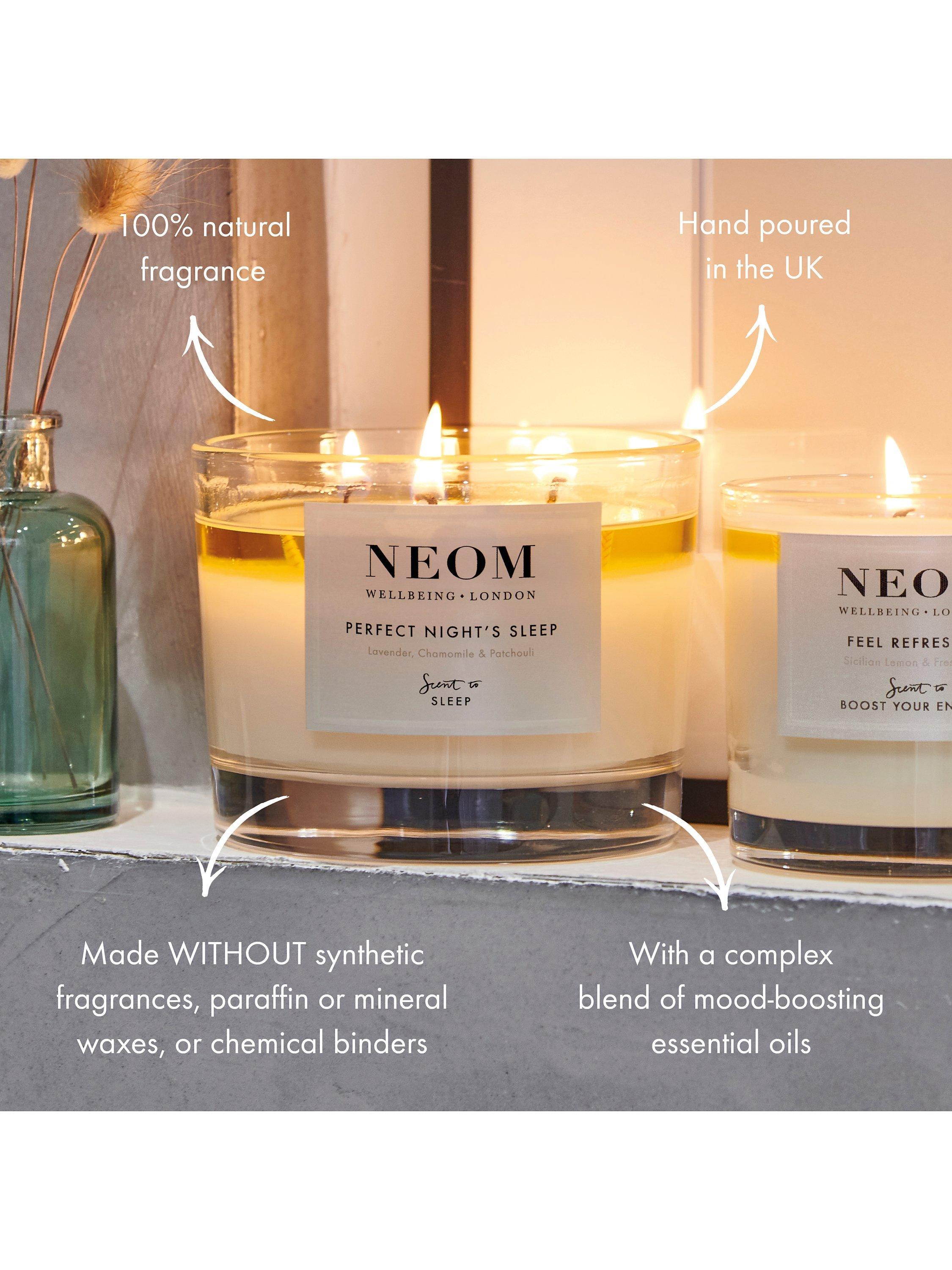 NEOM three wick scented candle for sleep with lavender and jasmine, imported from the UK