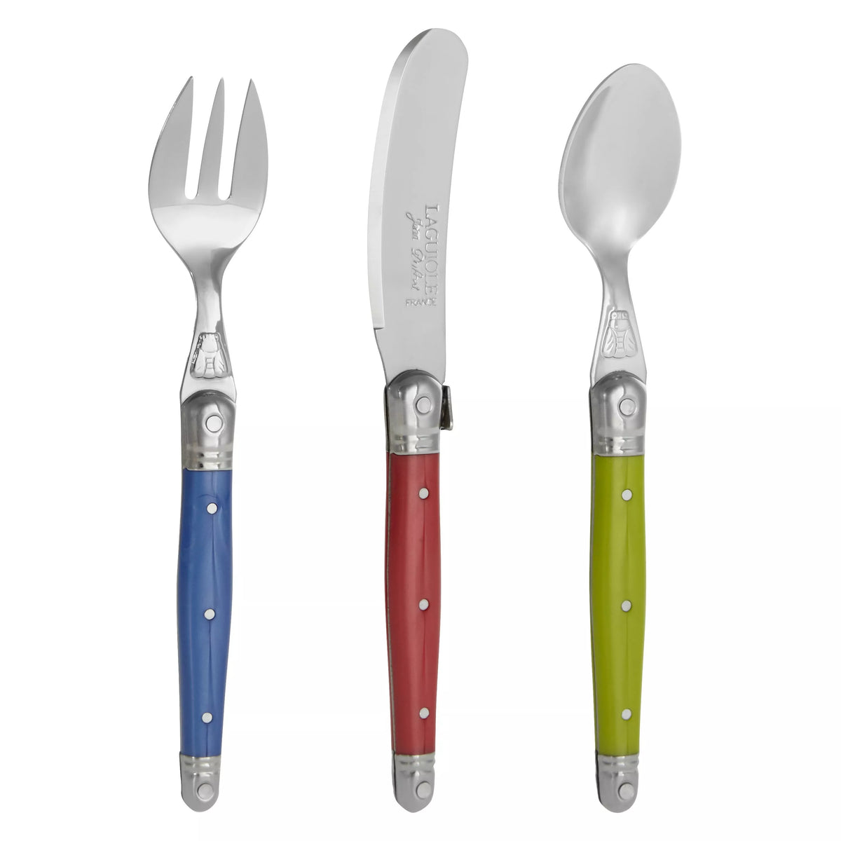 Laguiole children's stainless steel cutlery set with iridescent handles, 3 piece, UK version