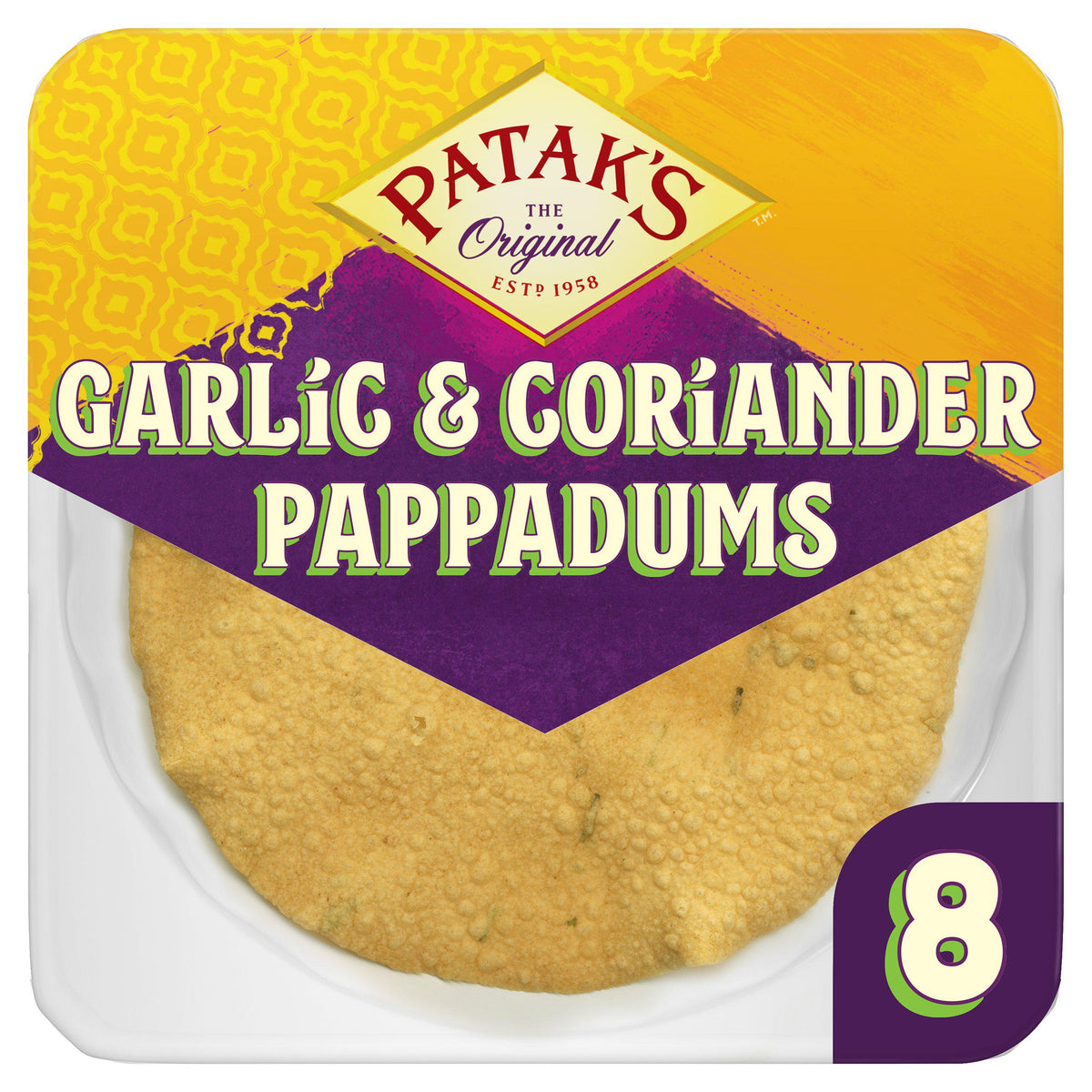 Patak's garlic and coriander poppadoms pack of 8, imported from the UK