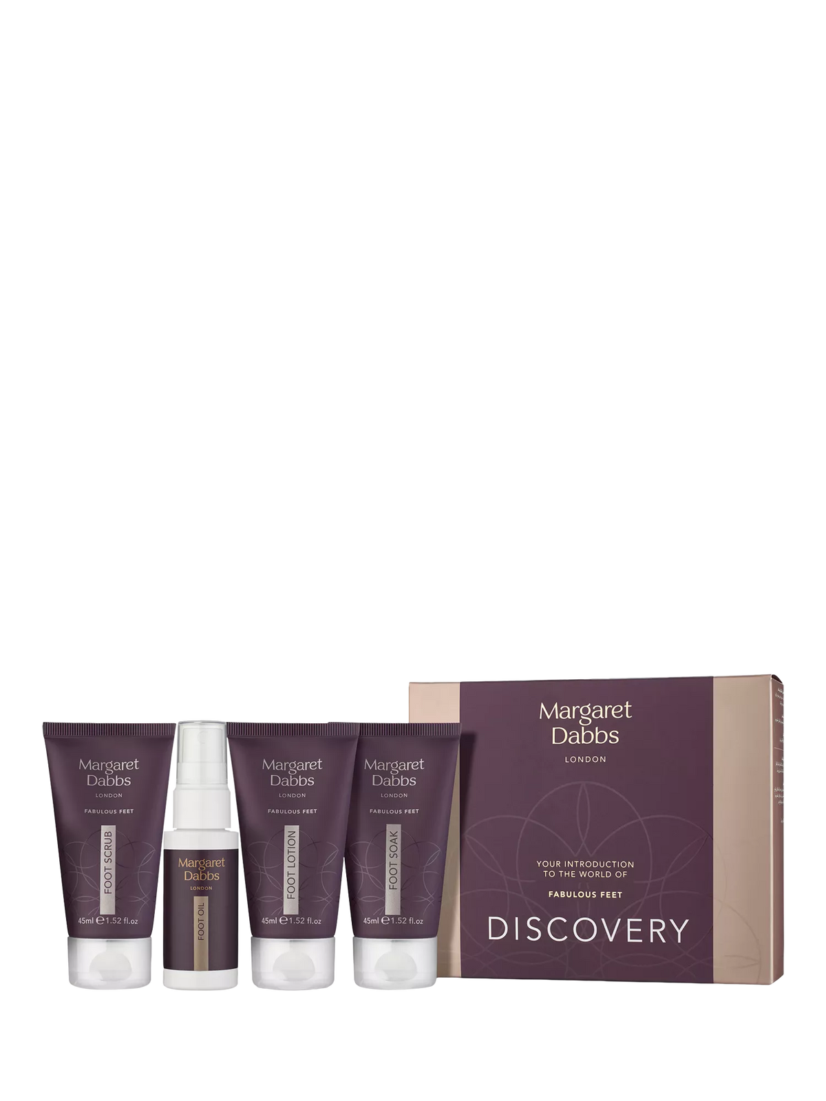 Margaret Dabbs London Fabulous Feet Discovery Kit with lotion, soak, oil, and scrub, imported from the UK