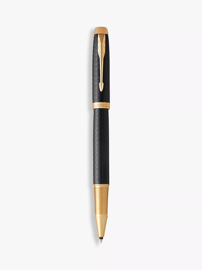 Black Anodised Aluminium Chiselled Rollerball Pen with Gold Trim