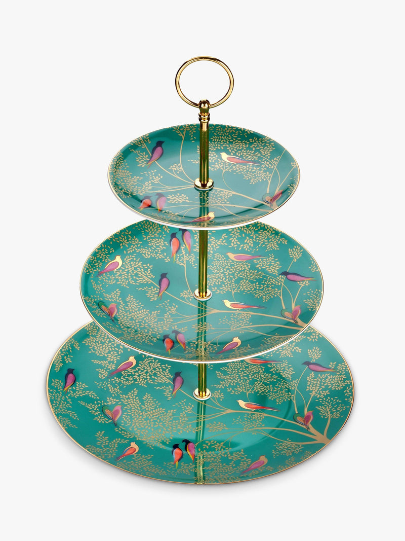 Sara Miller green fine china 3-tier cake stand with bird motifs (British brand)