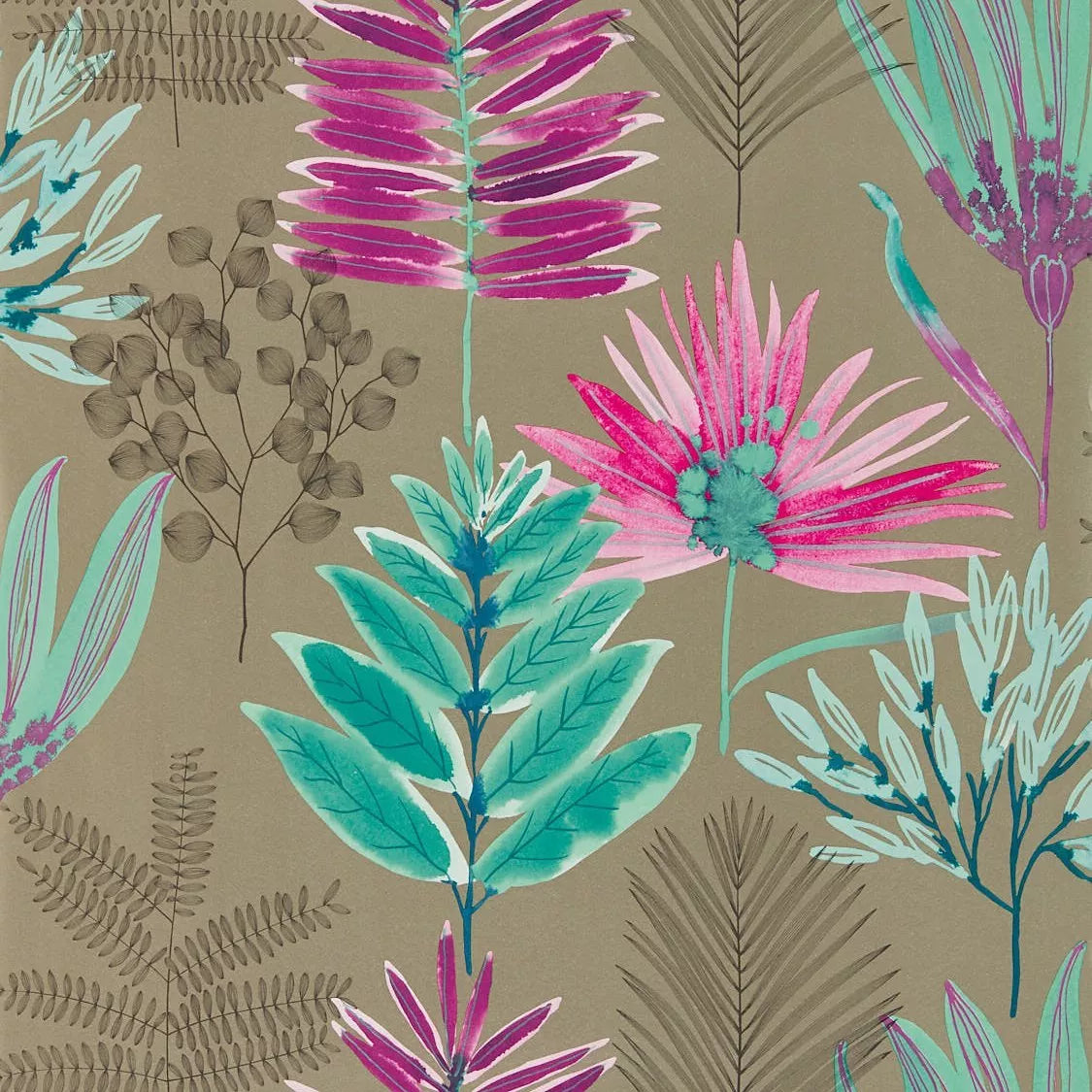 Harlequin Yasuni botanical patterned wallpaper with leaves and plants, UK version