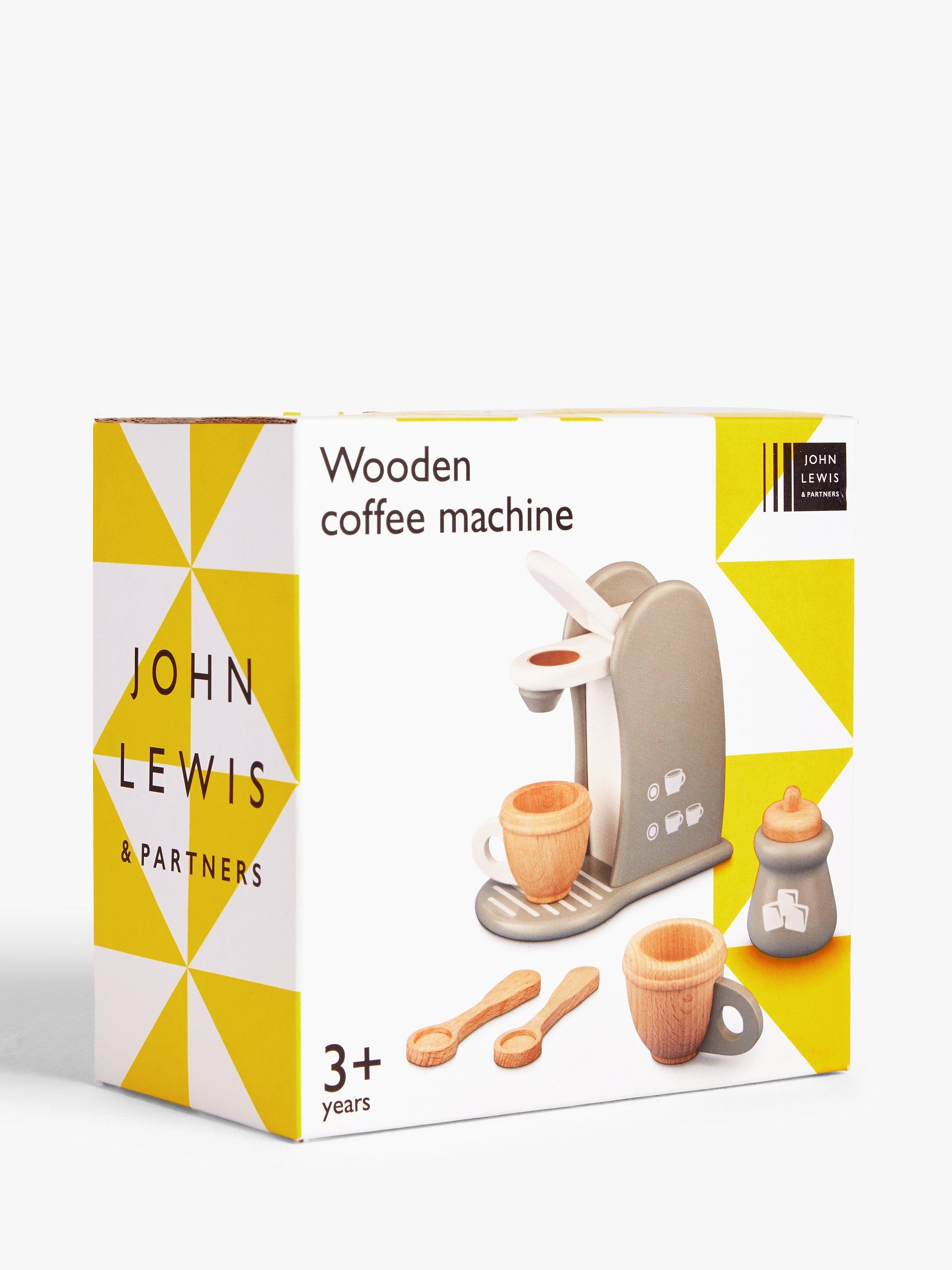 John Lewis wooden coffee machine play set with mugs and spoons, UK version