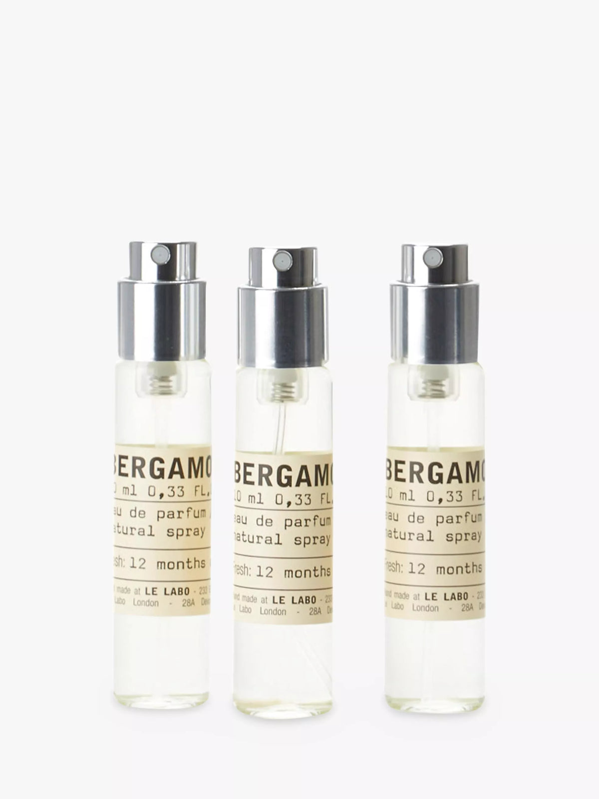 Le Labo bergamot fragrance travel refill set with three 10ml spray bottles, UK version