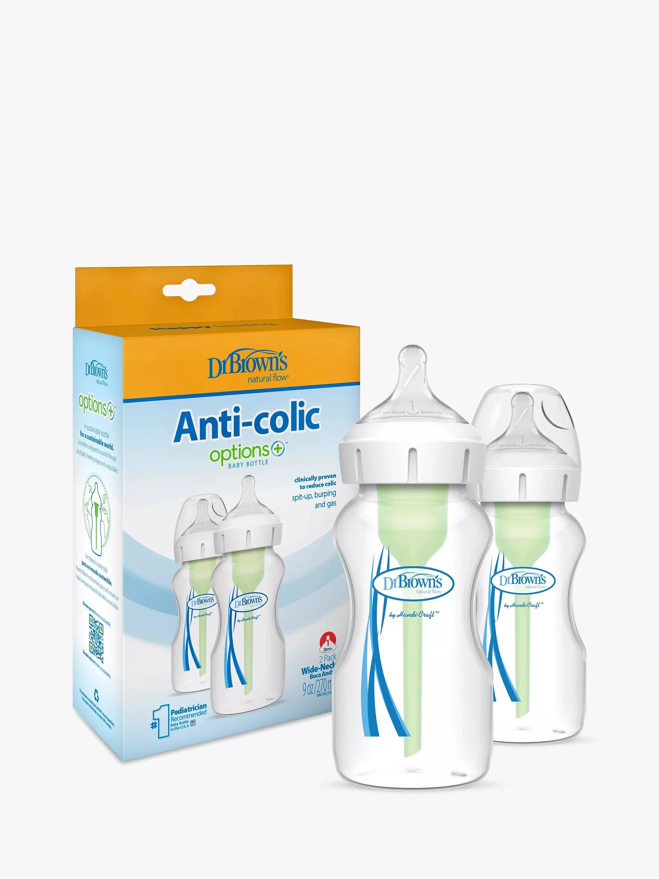 Dr Brown’s Natural Flow Options+ Anti-Colic Bottle, Pack of 2, 270ml - McGrocer
