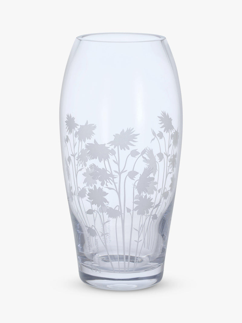 Handmade Clear Glass Barrel Vase with Aguilegia Flower Etchings, 22cm