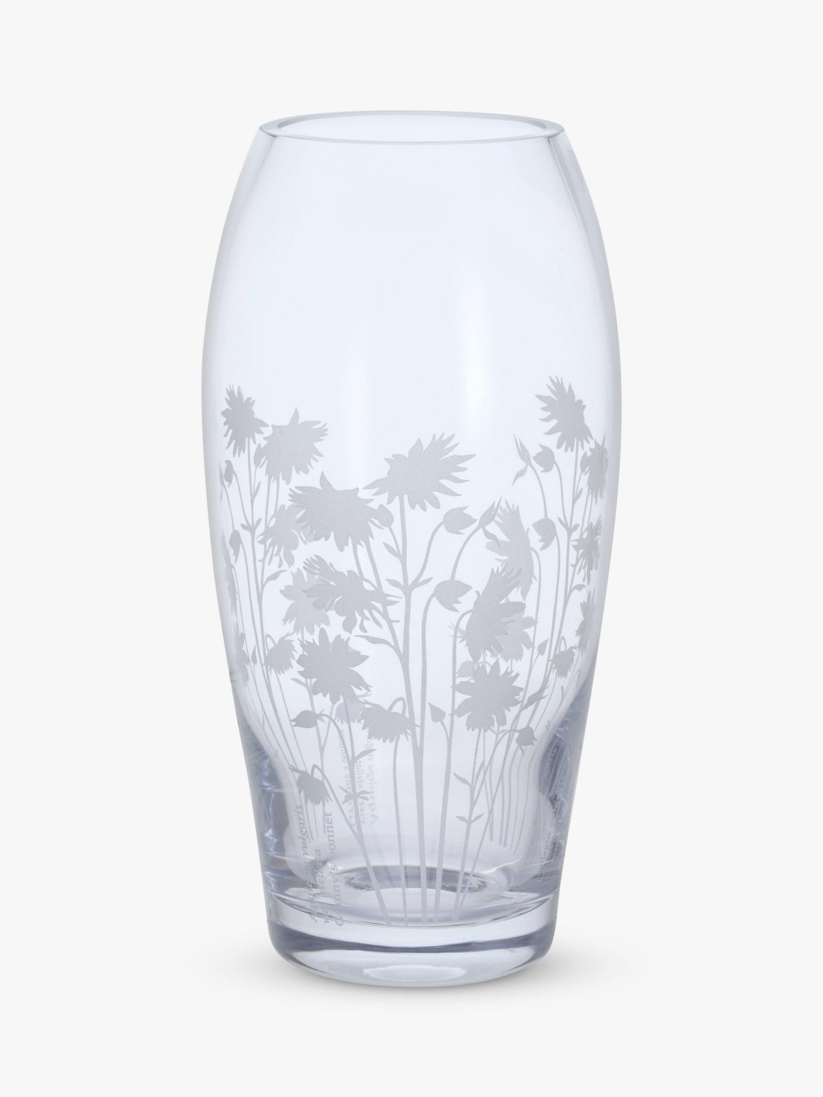 Handmade Clear Glass Barrel Vase with Aguilegia Flower Etchings, 22cm