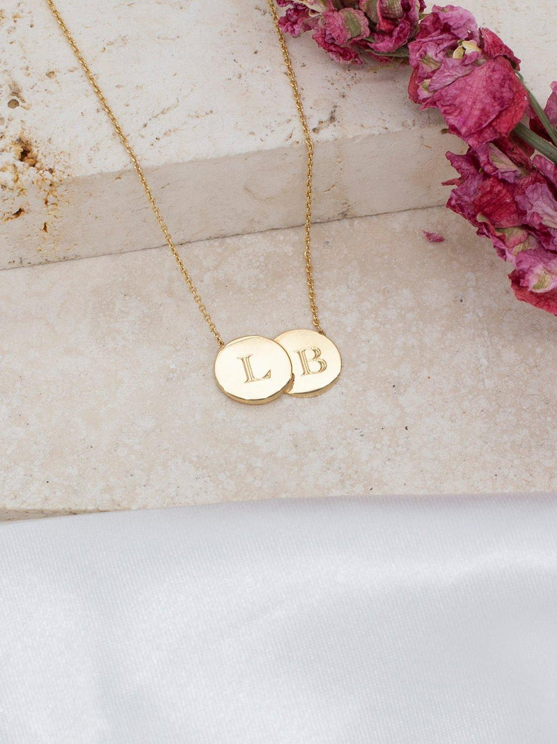 IBB personalised 9ct gold double disc initial pendant necklace, UK version