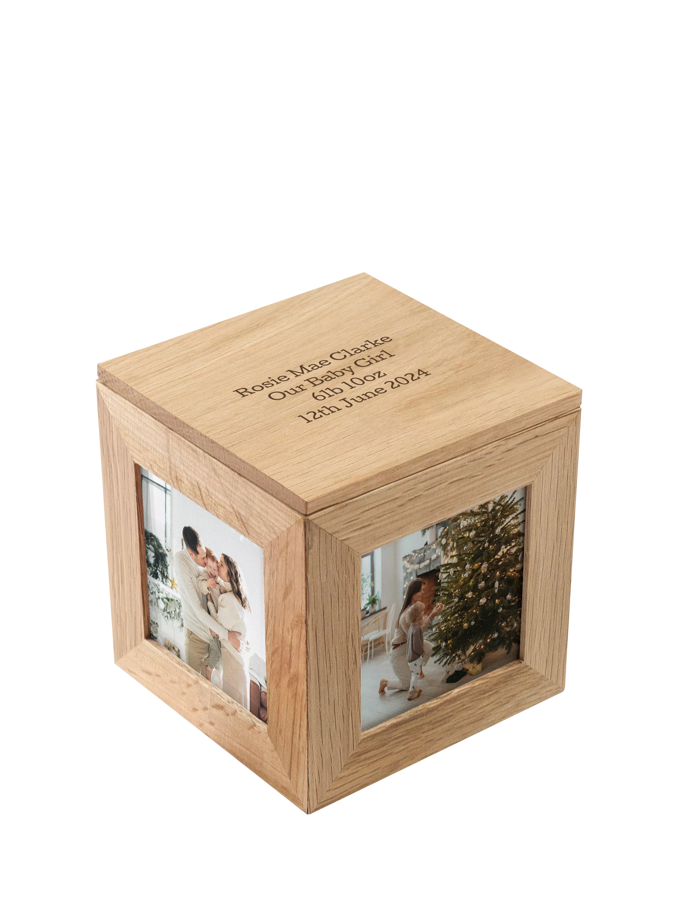 Treat Republic personalised photo cube keepsake box in sandy oak wood (British brand)