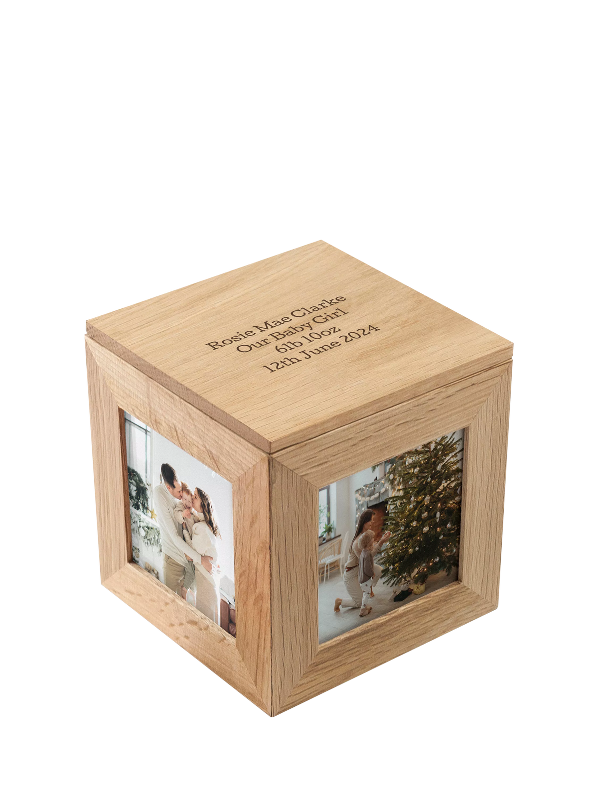Treat Republic personalised photo cube keepsake box in sandy oak wood (British brand)