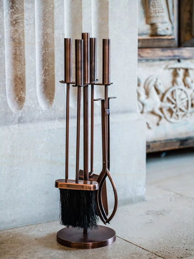 Round Antique Copper Fireplace Tools Set with Poker, Tongs, Brush, and Dustpan