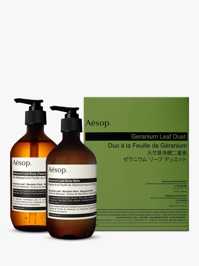 Aesop Geranium Leaf Duet Bodycare Gift Set with 500ml Cleanser and Balm - British product