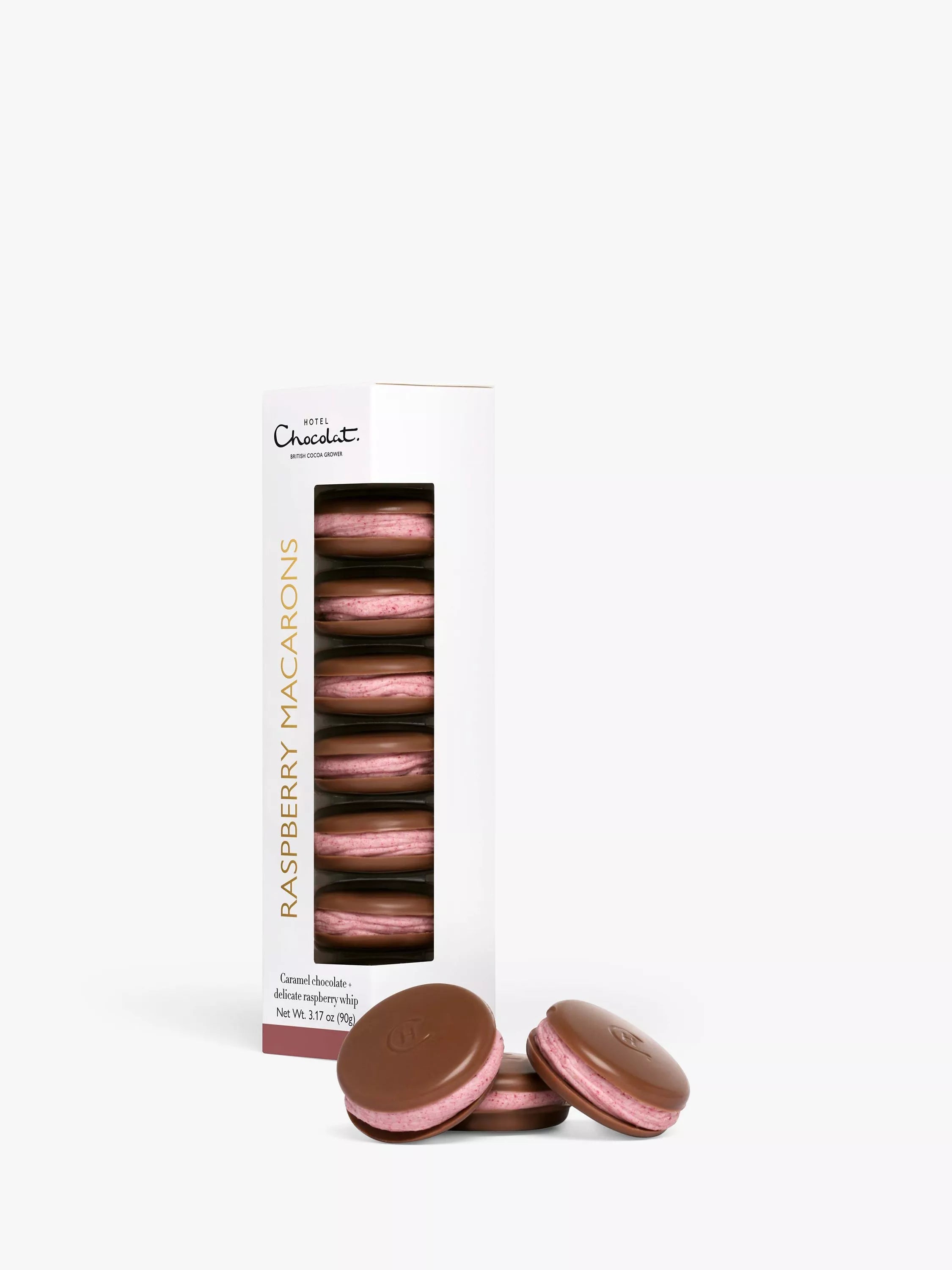 Hotel Chocolat raspberry and caramel chocolate macarons 90g, UK version