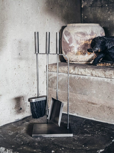 Fireside Set with Brush, Shovel, and Poker in Pewter Finish