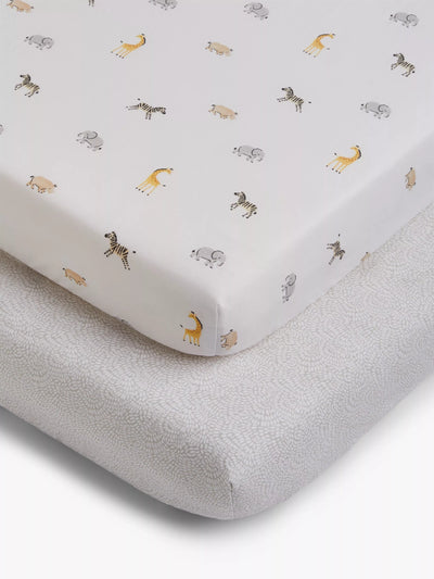 Fitted Cotbed Sheet Set with Animal Print, Cotton, 70 x 140cm, Pack of 2