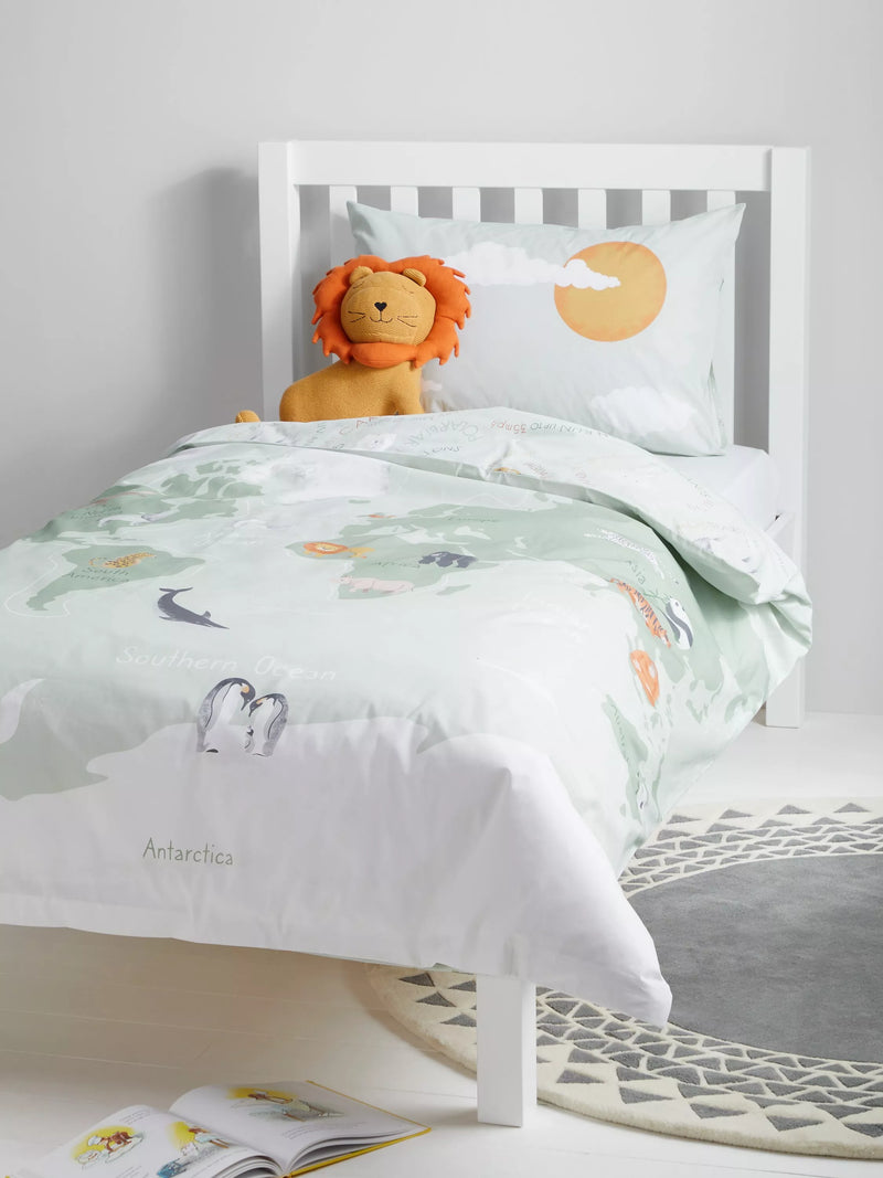 John Lewis reversible world map pure cotton duvet cover and pillowcase set, single, green, UK version
