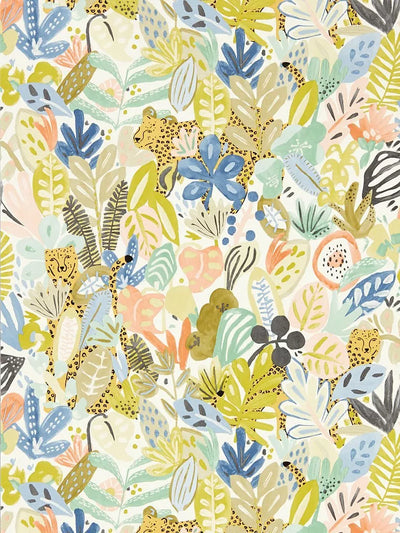 Tropical Foliage Leopard Pattern Wallpaper in Vivacious Colours